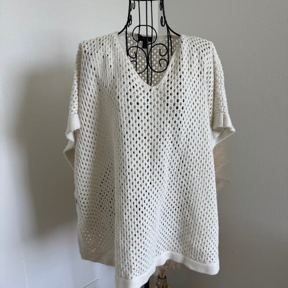 Talbots Cream Open Knit Sweater Poncho Side Button Closure Large - Picture 2 of 8